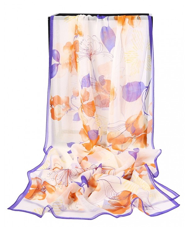 Grace Scarves 100% Silk Scarf- Oblong- Georgette - Floral Watercolor- Orange/Purple - CI1832E0OUY