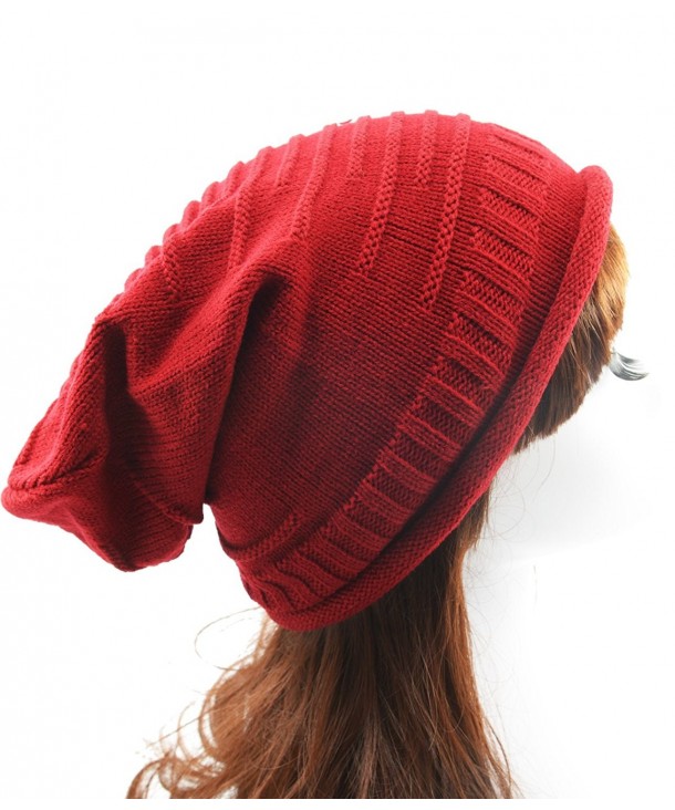 Slouchy Beanie Knitted Headwear Oversized - Knitted Red - CZ186MEHNNG