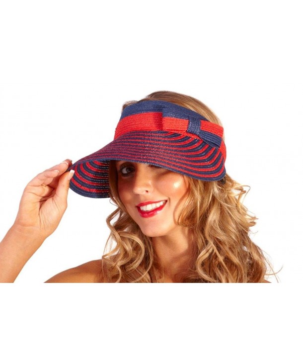Boutique Women's Sun Visor Summer Hat With Adjustable Bow Strap - Blue And Red Stripes - C511A4QOGOH