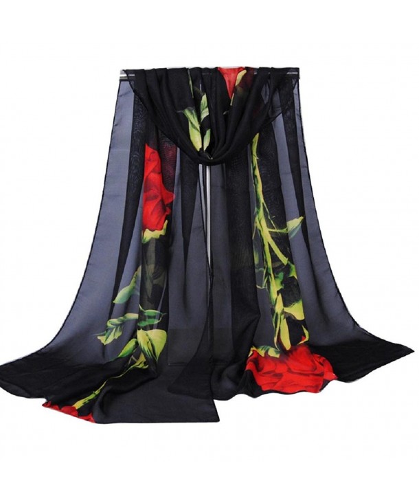 TONSEE Fashion Women Rose Print Chiffon Wrap Shawl Scarf - Black - CG12MABTYFC