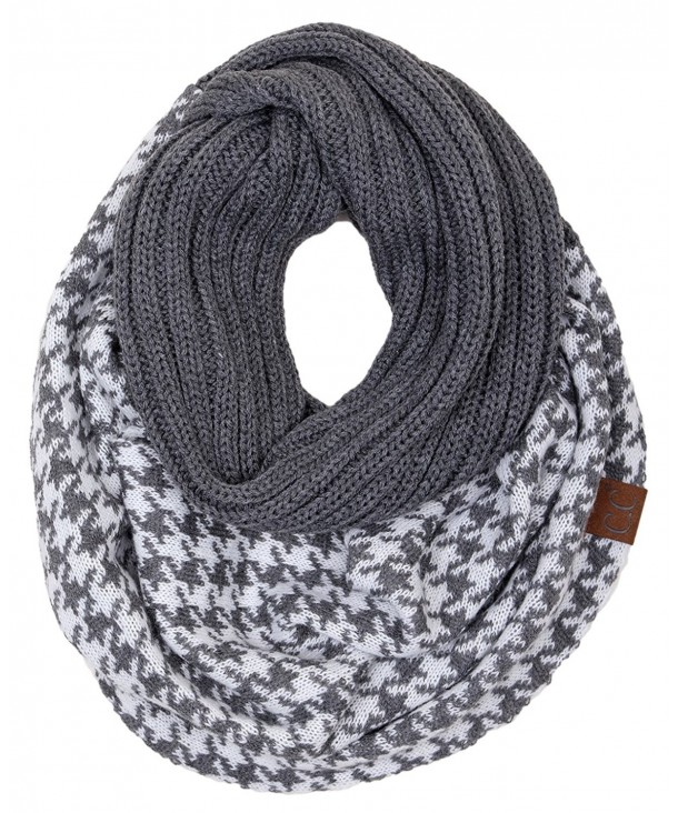 Funky Junque's C.C Ribbed Knit Warm Fashion Scarf Multicolored Infinity Scarf - Houndstooth Dark Grey - CO186OSNSD9