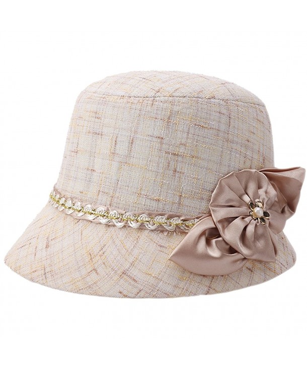 Womens Summer Beach Linen Flax Cloche Sun Travel Folding Bucket Boonie Top Hat - Khaki - CQ12EMQAOIB