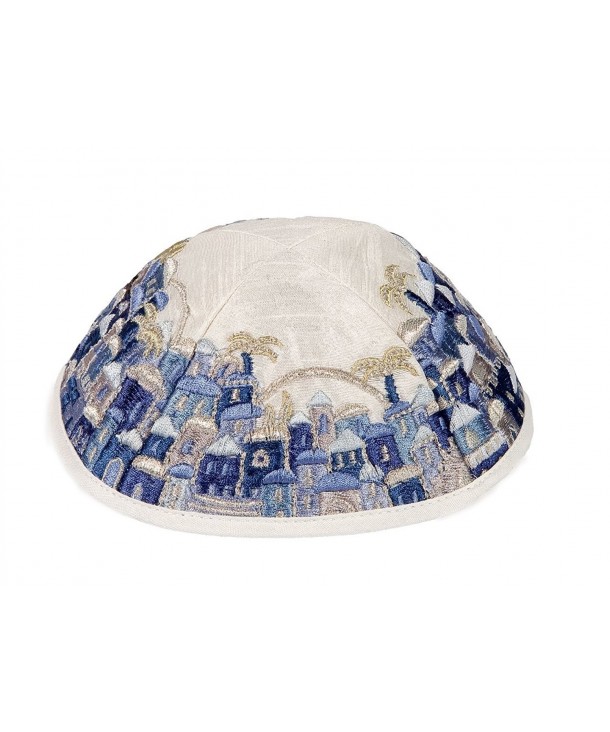 Yair Emanuel Embroidered Kippah - Jerusalem Design - Blue on White - CA12O1A45XD