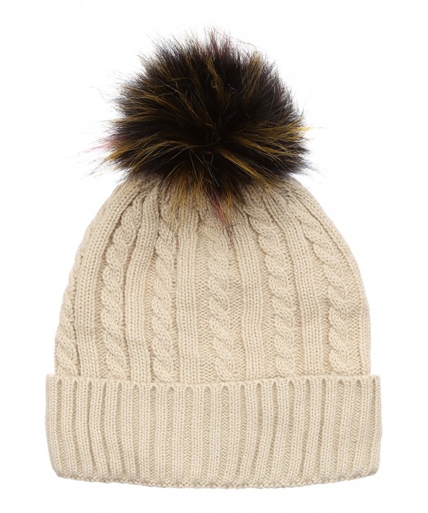 Winter Cable Knitted Faux Fur Multi Color Pom Pom Beanie Hat with Soft ...
