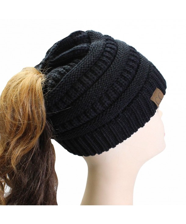 Hatsandscarf CC Exclusives Solid Color Beanie Tail Hat For Adult (MB-20A) - Black - CK12O40XBQG
