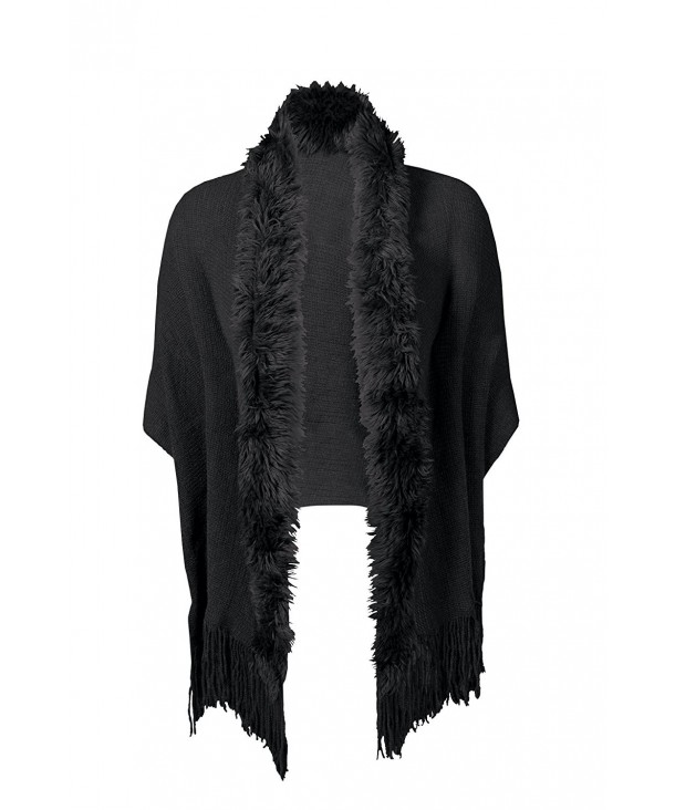 Women's Faux Fur Trimmed Shawl - Soft Knit Wrap Scarf - Black - C0187UG2Z87