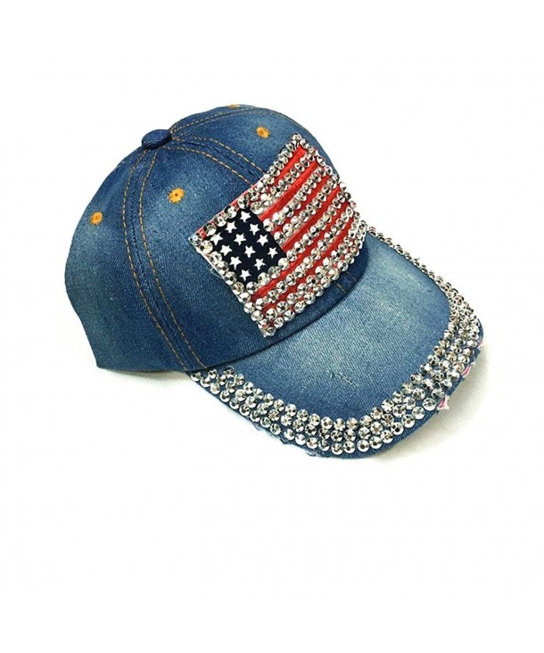 AISHNE Women American Flag Rhinestone Jeans Denim Baseball Adjustable Hat Blue - CK12HS10OIX