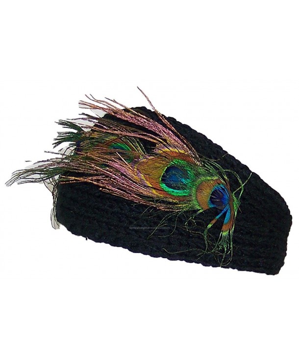 D&Y Womens Rib Knit Winter Headband W/Peacock Feathers & 2 Buttons (One Size) - Black - CW125J1FY7P