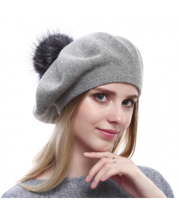 Women Wool Beret - Real Silver Fox Fur Pom Pom Beanies Winter Knit Cashmere Hats - Soft Grey - C21867Y83UX