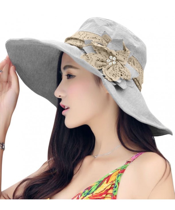 Women Large Brim Bucket Hats Anti-UV Foldable Beach Travel Flat Sun Hat Cap Topee - Light Grey - CI12HR2Y3D5