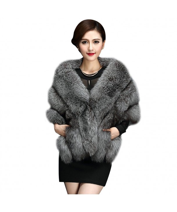 Elfjoy Luxury Faux Fox Fur Long Shawl Cloak Cape Wedding Dress Party Coat for Winter - Fox-silver - CQ187W3D87C