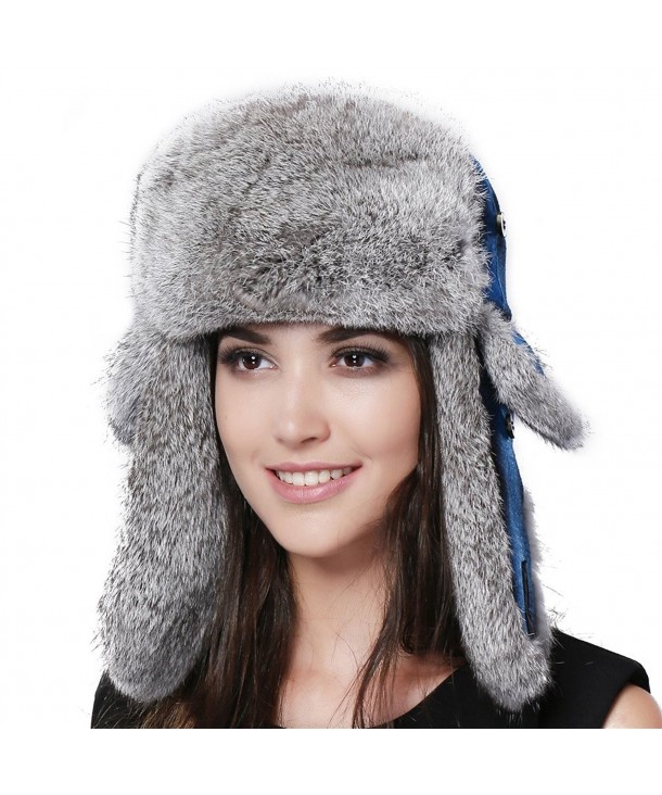 FURTALK Natural Rabbit Fur Ushanka Trapper Hat Aviator Winter Cap For Women - Blue - CB12M9YPSDP