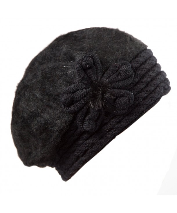 Ts Women's Winter Rabbit Fur Knit Beret Hat with Flower - Black - CQ127DQVXAF