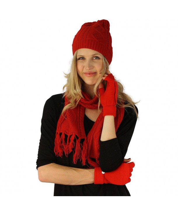 Ladies 3pc Winter Soft Knit Beanie Hat Long Scarf Flip Cover Gloves Set S/M - Red - C911PK7W8XR