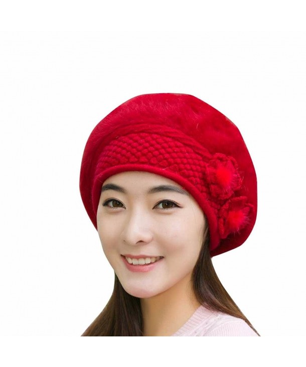 Fiaya Womens Solid Color Knitting Wool Beret Hat - Red - C2187CHOHU5