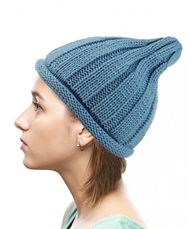 NYFASHION101 Exclusive Winter Cable Knit Rolled Up Brim Pointy Top Beanie Hat - Denim - CD1274IMDQB