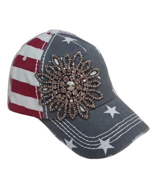 Olive & Pique Large Rhinestone Flower Bling USA Theme Patriotic Baseball Cap - Red White Blue - CY129E4QKY9