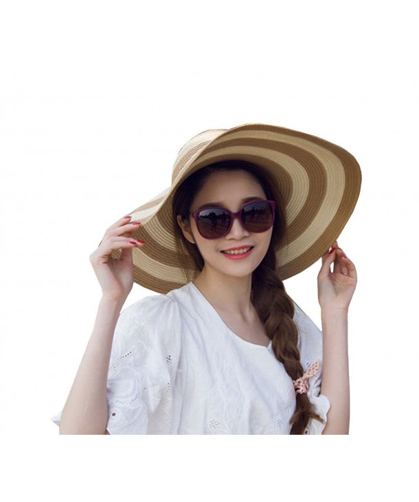Women's Beachwear Sun Hat Striped Straw Hat Floppy Foldable Big Brim Hat Cap - Khaki&white - CP17YS6GL57
