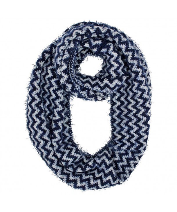 Fuzzy Knit Chevron Infinity Scarf - Navy Blue - C111QZHGKBR