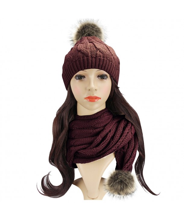 Beautyer Beanie and Scarf Sets For Women Winter Cable Knit Pom Pom Hat and Scarf - Wine Red - CI186HSO3U2