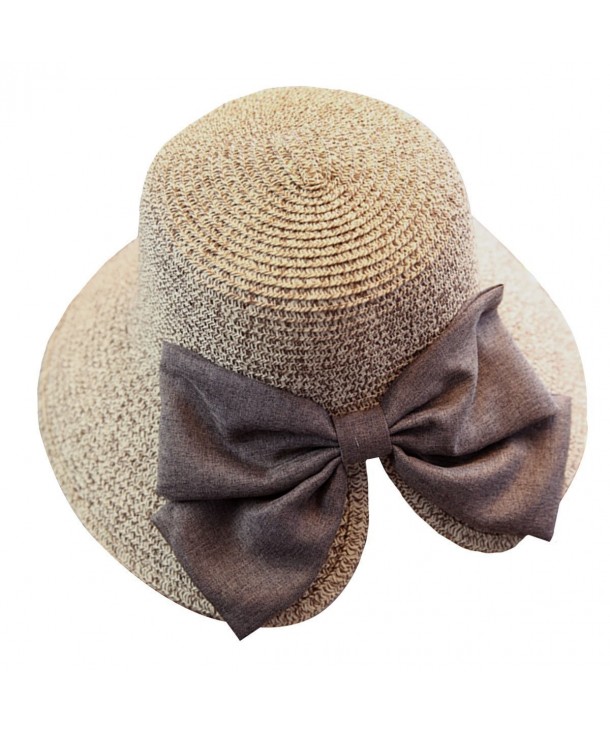 Aisa Foldable Bowknot Straw Hat Cap Wide Brim Beach Sun Visor for Women Girls - Khaki - CX12HER262X
