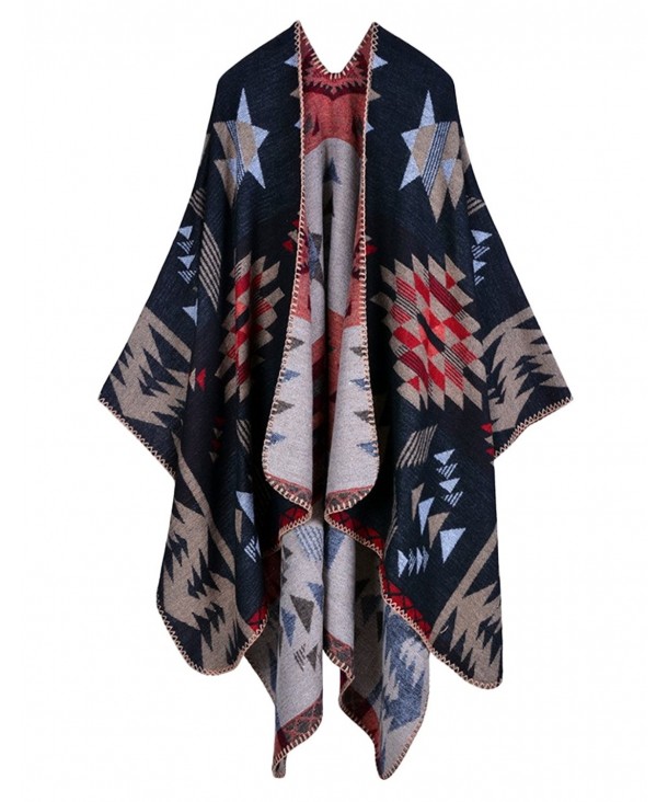 LAFASO Women Open Front Oversized Blanket Poncho Cape Shawl Long Cardigan Coat - Navy Blue5 - C4186YL26HI