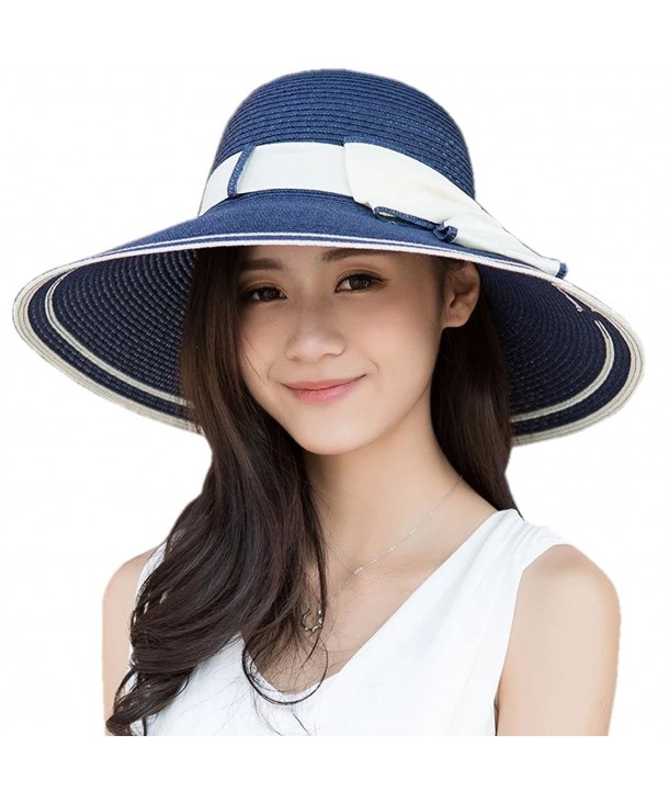 Women UPF 50+ Summer Hat Wide Brim Beach Sun Straw Visor Hat w/ Bowknot - Blue - C717Y4XMN9L