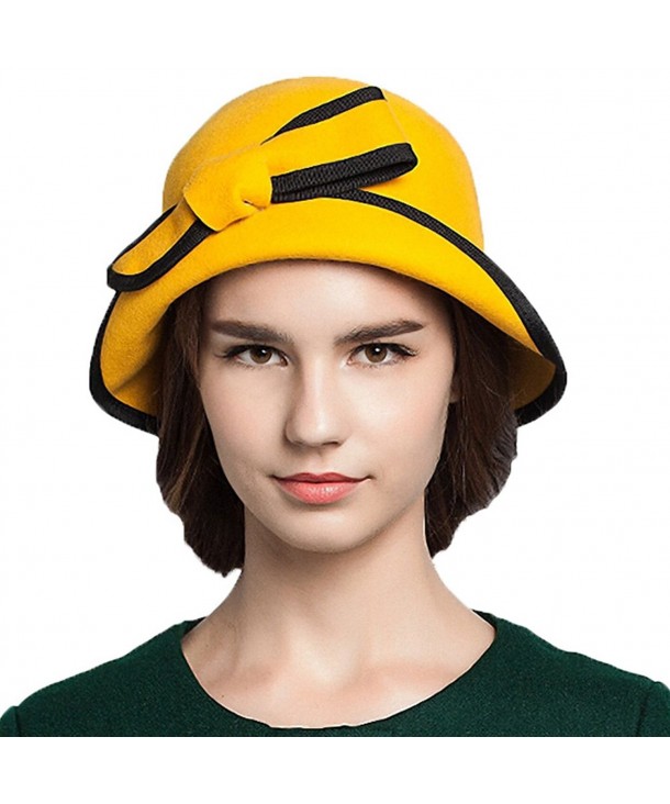 Maitose Women's Bow Wool Felt Bowler Hat - Yellow - CK128NIYPCB