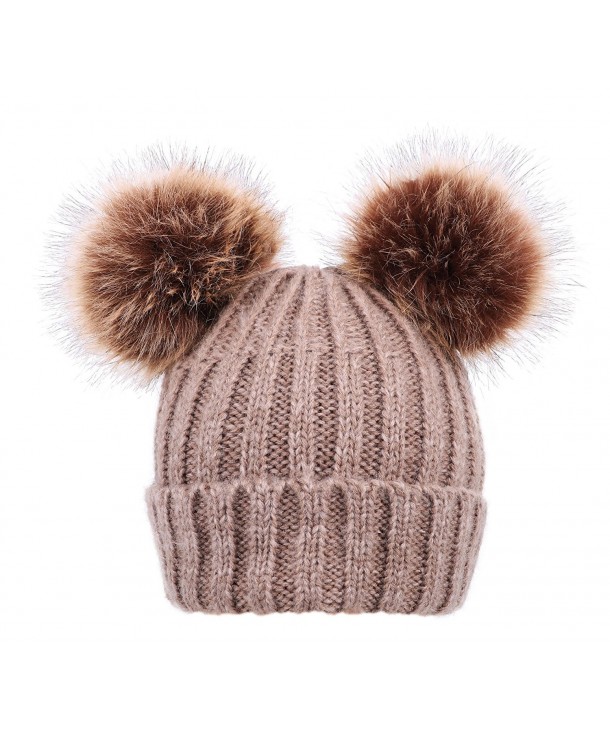 ARCTIC Paw Cable Knit Beanie With Faux Fur Pompom Ears - Khaki Hat Coffee Ball Beige Lining - C3182SEQZEI