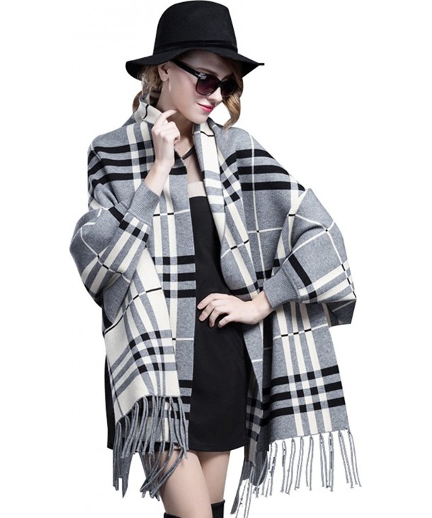 Bellady Winter Thick Cardigan Coat Ladies Open Front Fringe Batwing Poncho Plaid Cardigan Cape - Gray - CR12MD1ZTK1