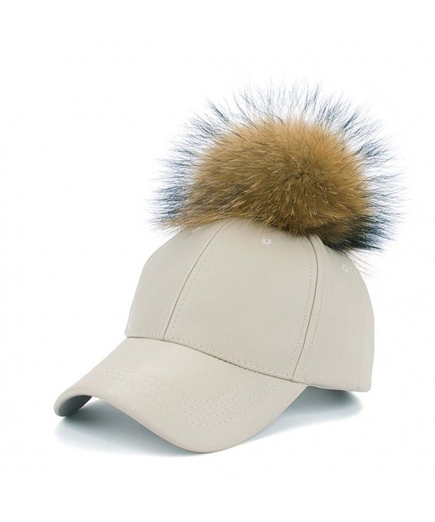 HH HOFNEN Faux Leather Baseball Caps With Real Fur Pom Pom Outdoor Sports Adjustable Hats - Beige - CR12J2IYHND