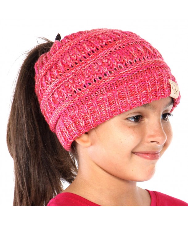 Plum Feathers Beanie Tail Kids Soft Stretch Cable Knit Messy High Bun Ponytail Beanie Hat - Tri Color Pink - CC188DQOGCZ