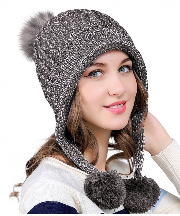 Urban CoCo Women's Winter Cable Knitted Pom Pom Beanie Hat Earflap Caps - Grey - CT188E2RR02