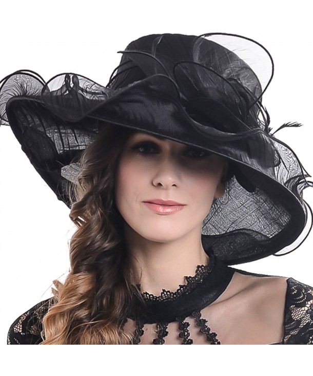 Fanny Women Crease Organza Formal Party Wide Brim Sun Hat S048 (9 Colors) - Black - CI12B943PY5