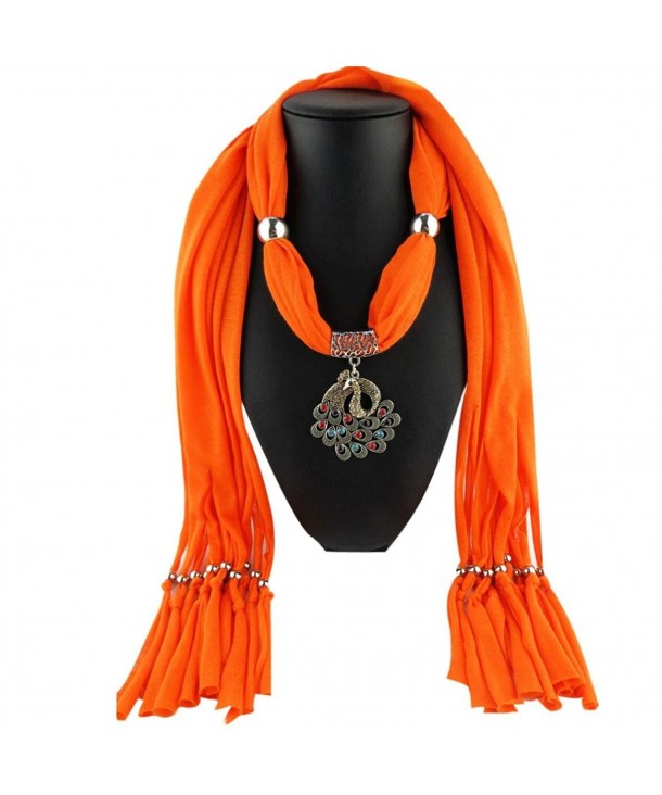 Deamyth Women Pendant Necklace Scarf Multicolor Rhinestone Peafowl Tassel Scarves - Orange - CN12N2P99LA