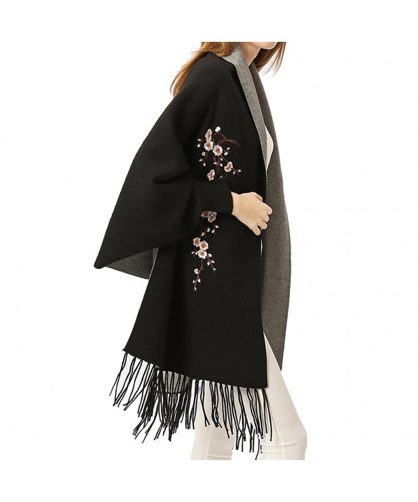 ZISUEX Women Embroidery Cloak Poncho Shawl Wrap Fashion Scarf Tassels Pashmina - Black Gray - CY186ISWDM9