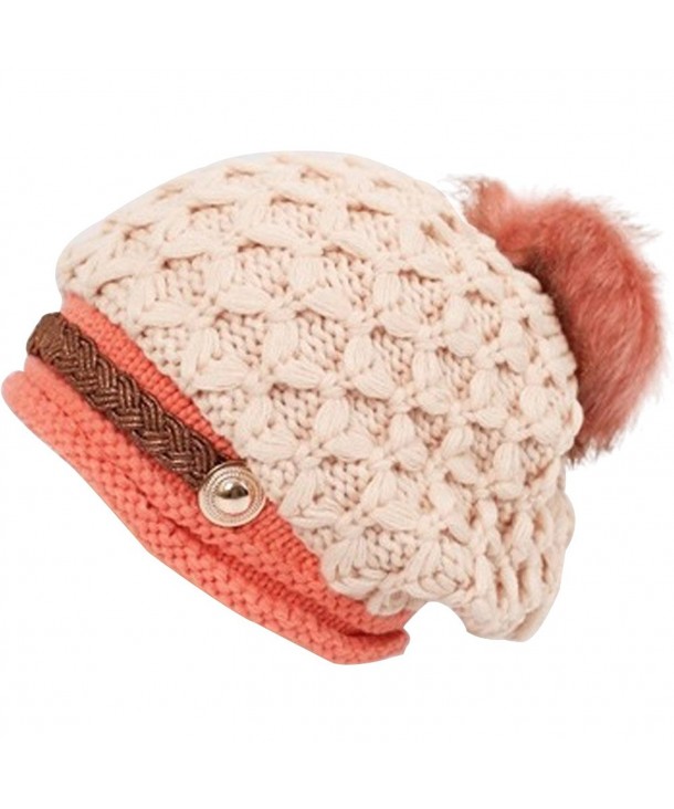 Womens Winter Fur POM POM Crochet Knit Beanie Cap Hat With Braided Leather Band - Biege - C111PAJRX1L