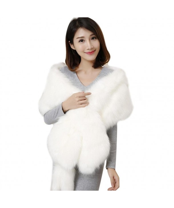 Deamyth Women Long Faux Fur Scarf Imitated Fox Fur Cape Stole Shawl Wrap Winter - White - CJ12NUP60T2