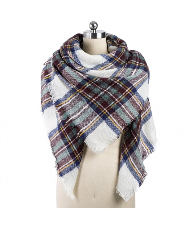 Women's Stylish Warm Blanket Tassels Scarf Soft Plaid Tartan Winter Wrap Shawl - White & Blue Gird - CH188MY982C