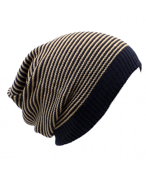 AN Unisex Striped Knit Slouchy Beanie Hat Lightweight Soft Fashion Cap - Navy Khaki - CL12CJFC30P