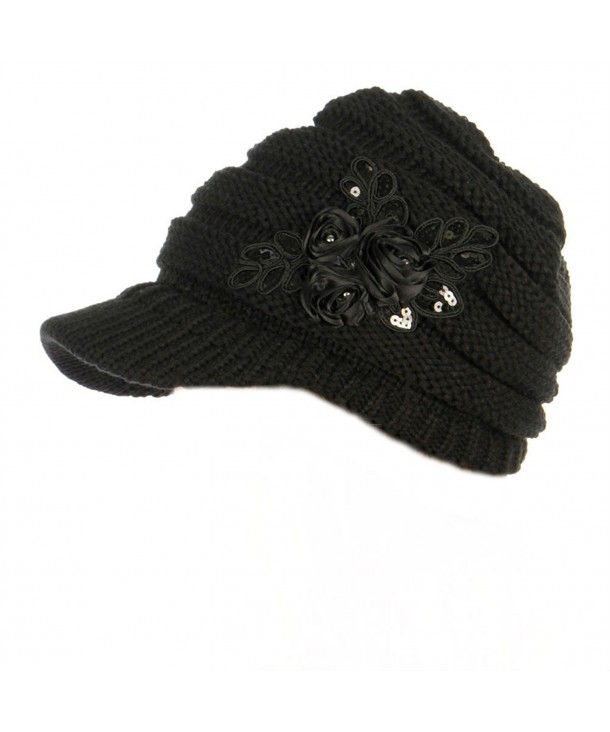 Women's Cable Knit Newsboy Visor Cap Hat with Sequined Flower Accent - Black - C311P1658Z7