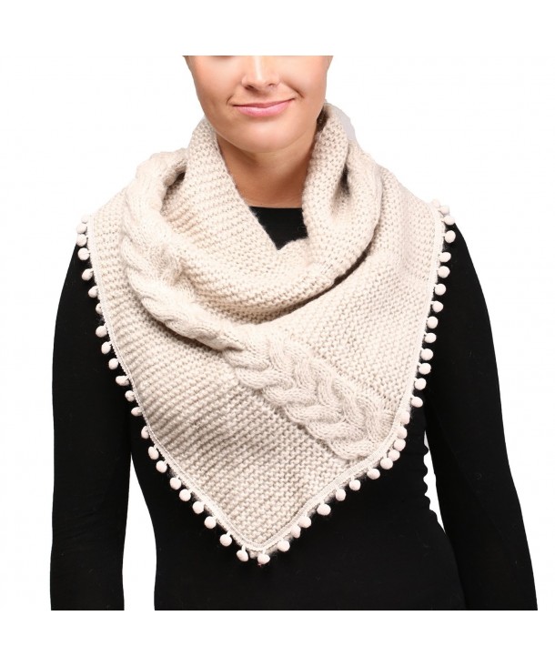 APPARELISM Women's Chunky Knitted Loop Tube Infinity Collar Scarf with Pom Pom. - Beige - C9186X9989M